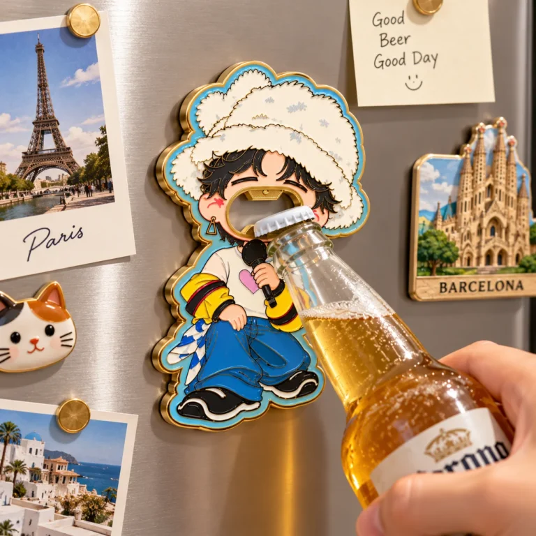 Magnet-backed enamel bottle opener in use on a refrigerator