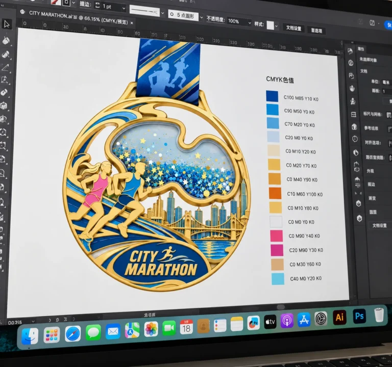 Color artwork of a blue and gold-tone city marathon medal with color swatches.