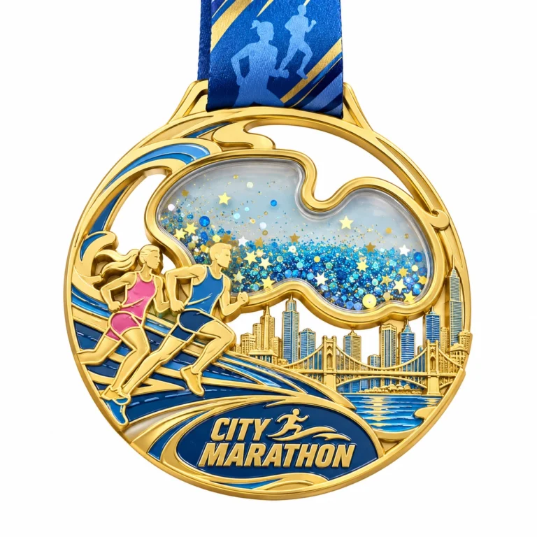 Gold-tone and blue custom marathon medal with runners, a city skyline and star details.