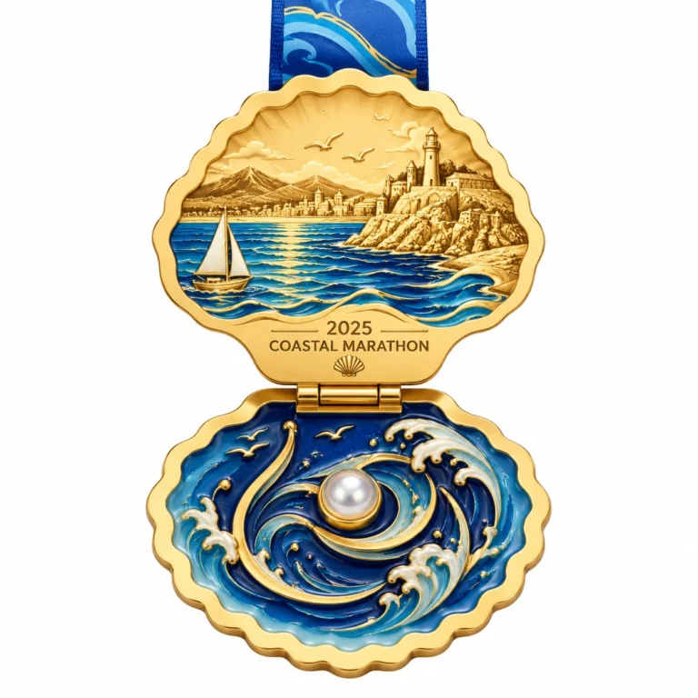 Custom coastal marathon medal with a blue ribbon, shell shape and ocean details.