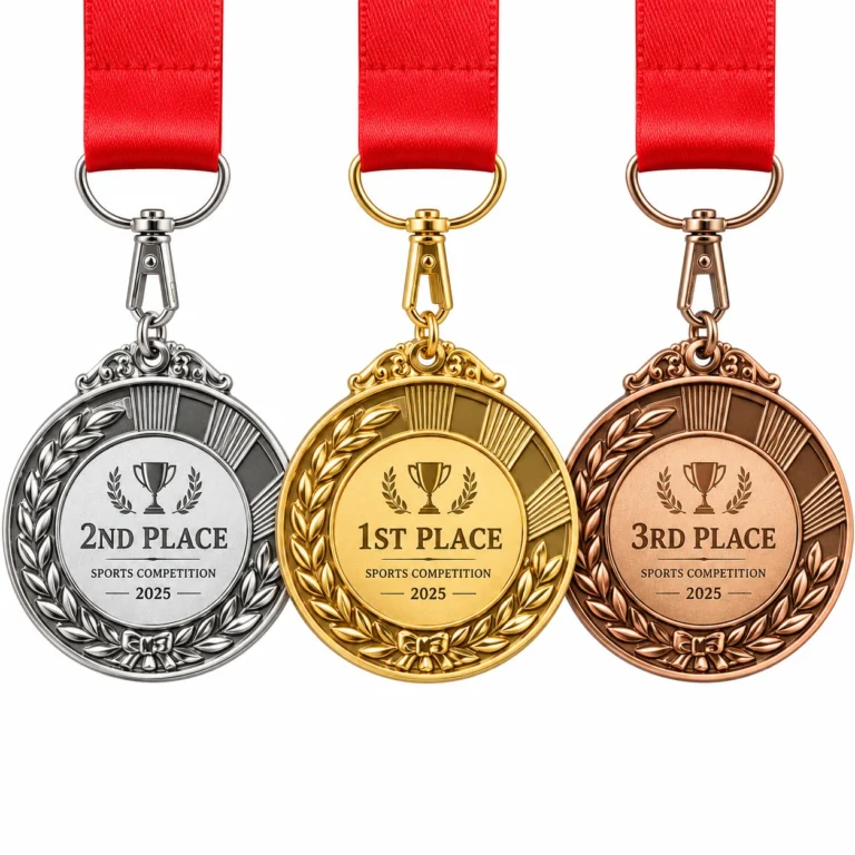 Gold-tone, silver-tone and bronze-tone competition medals with red ribbons.