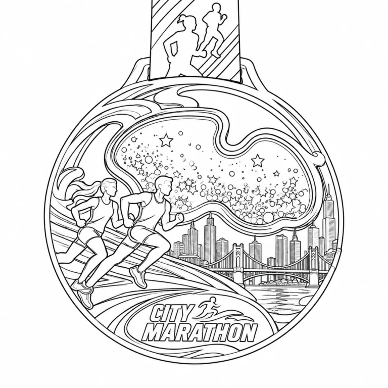 Black and white draft of a city marathon medal with runners and a ribbon.