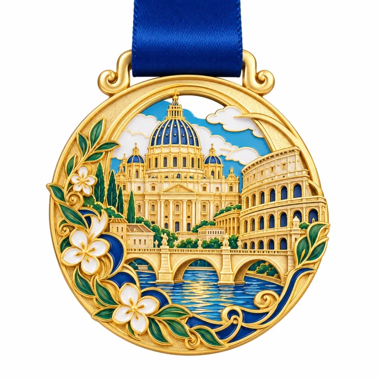 Gold-tone custom commemorative medal with European landmarks, flowers and a blue ribbon.