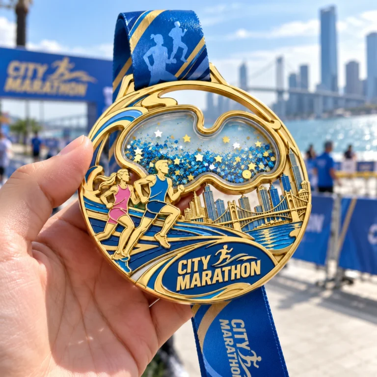 Finished custom city marathon medal held in a hand at an outdoor event.