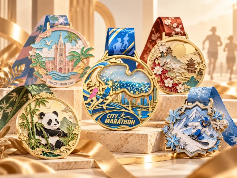 Custom medal designs displayed with printed ribbons and detailed metal artwork.