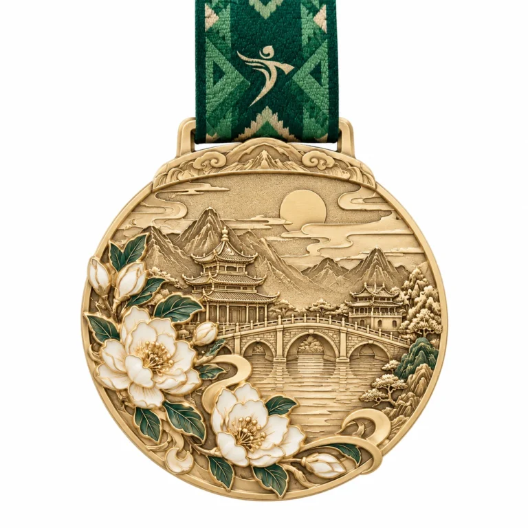 Gold-tone landscape relief medal with a green ribbon, flowers and architectural details.
