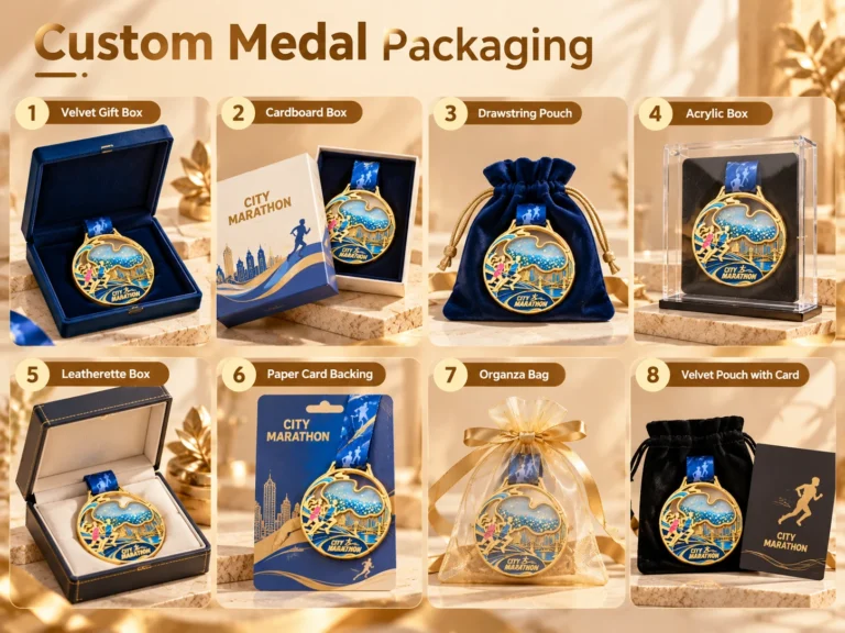 Custom medal packaging guide with gift boxes, pouches, backing cards and display boxes.