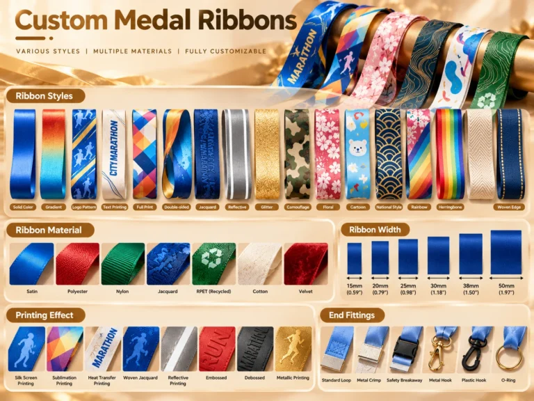 Custom medal ribbon guide showing styles, materials, widths, printing effects and end fittings.