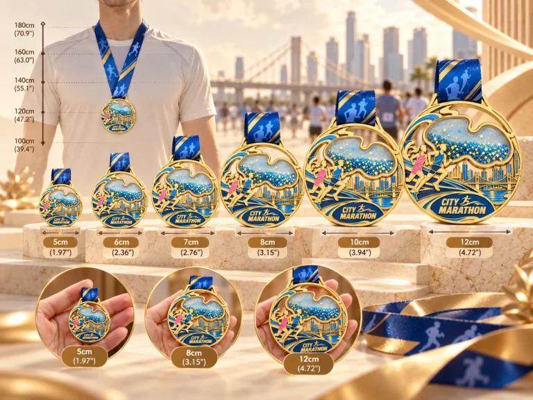 Custom medal size guide showing several diameters and medals worn with neck ribbons.