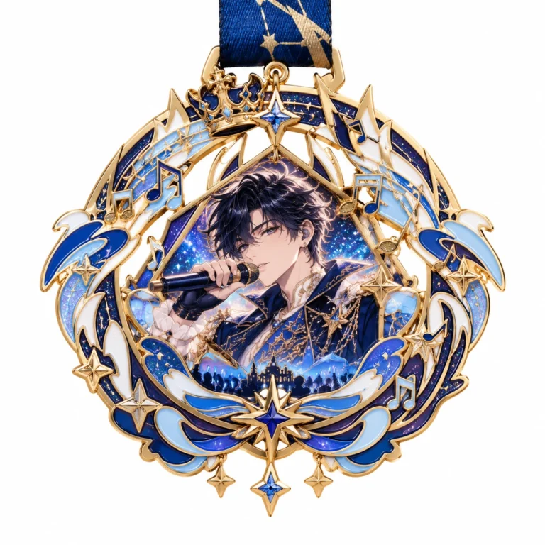Custom blue and gold-tone medal with a stage performer, stars and a dark blue ribbon.