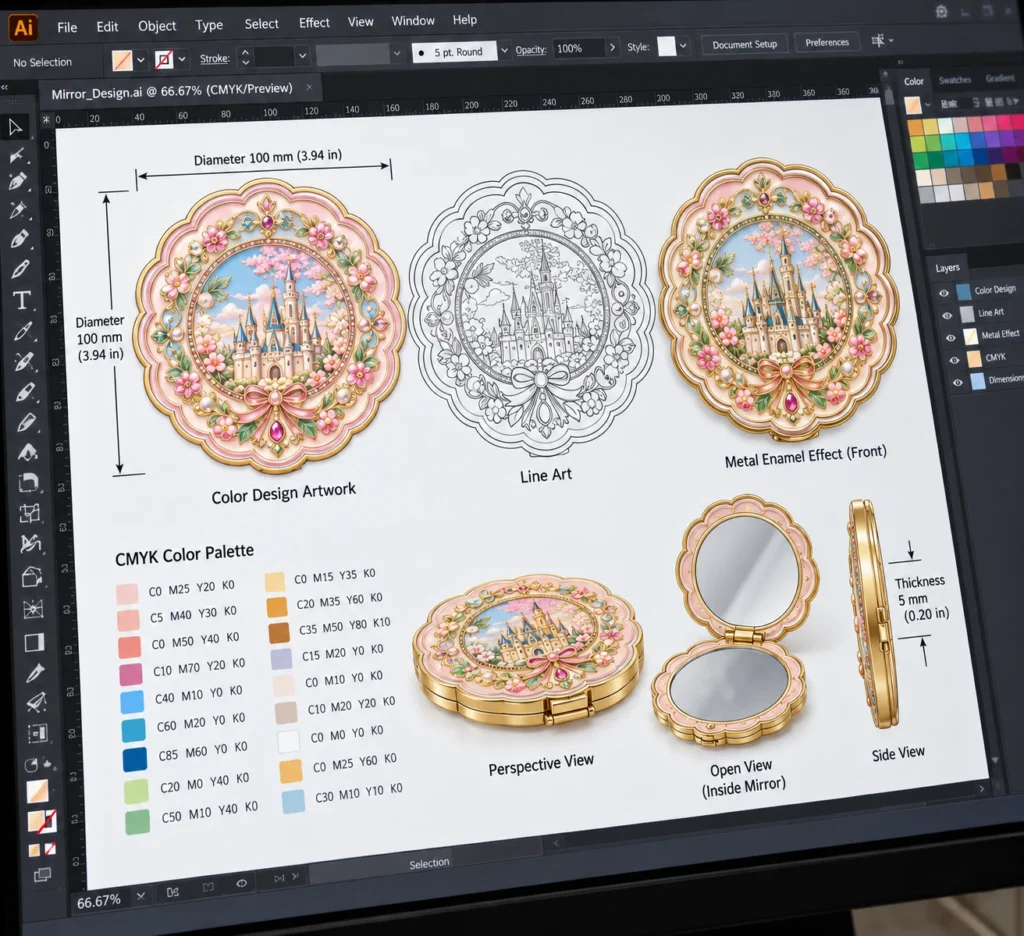 Design software view of a floral castle mirror showing color artwork, line art, color references, open mirror and profile.