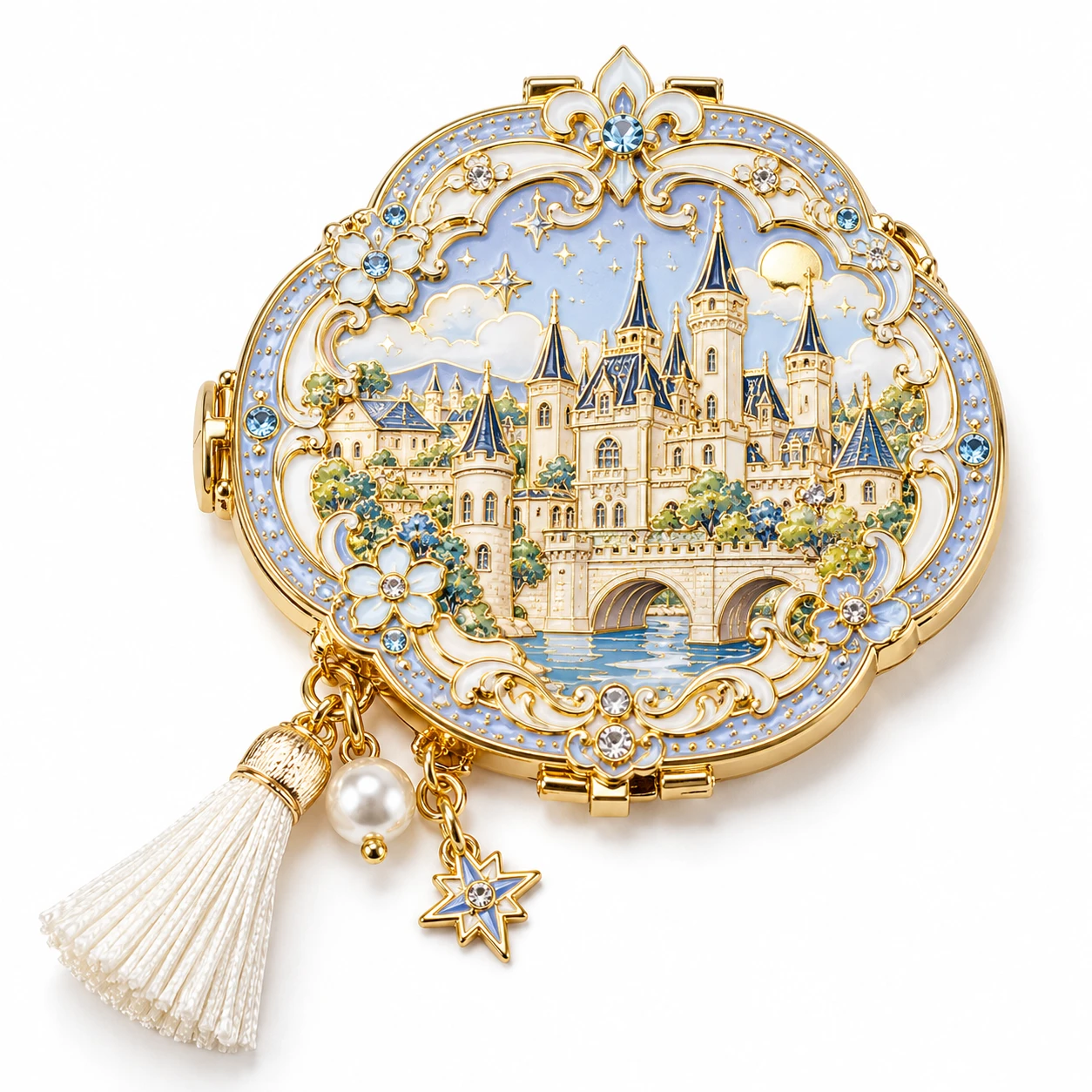 Gold-tone castle enamel mirror with a white tassel and small hanging charms.
