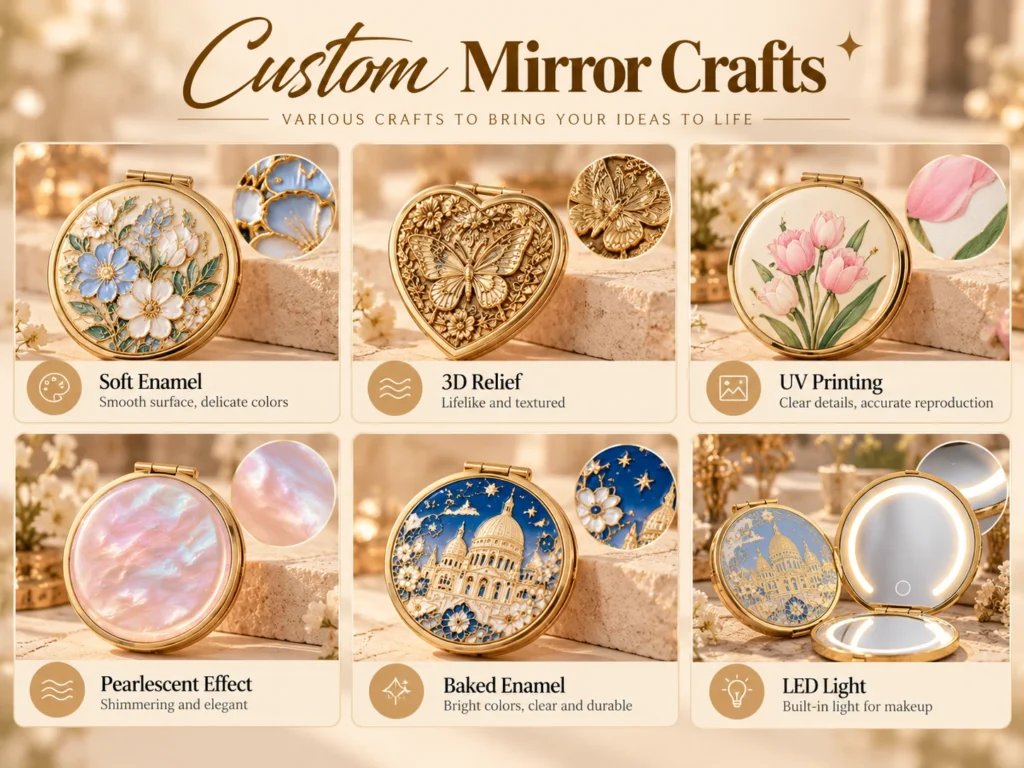 Custom Mirror Crafts guide showing soft enamel, 3D relief, UV printing, pearlescent effect, baked enamel and LED light examples.