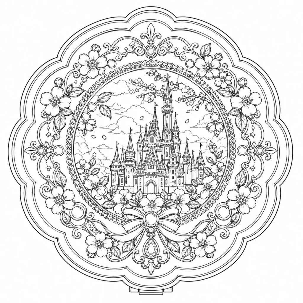 Black and white line-art draft of a scalloped folding mirror with castle, floral and pearl details.