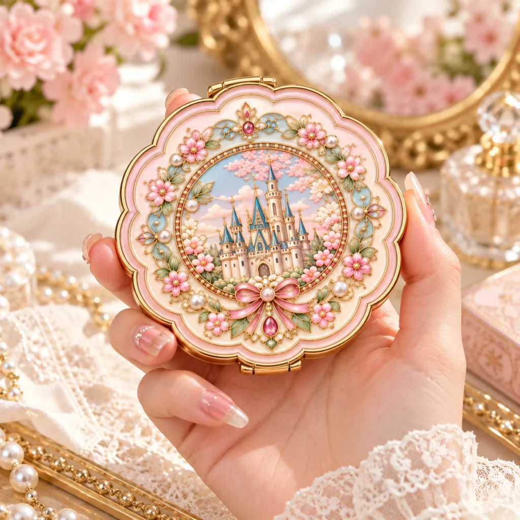 Finished pink and gold-tone enamel compact mirror with floral castle relief and pearl details, held in a hand.