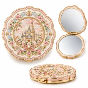 Pink and gold-tone floral castle enamel compact mirror shown open, closed and in profile.