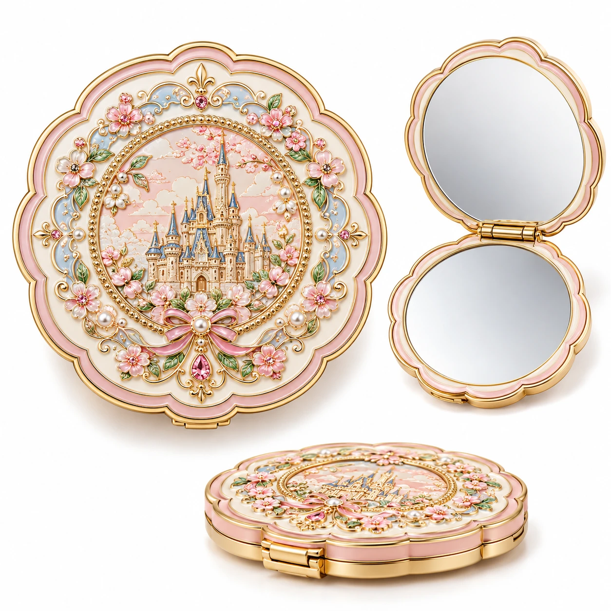 Pink and gold-tone floral castle enamel compact mirror shown open, closed and in profile.