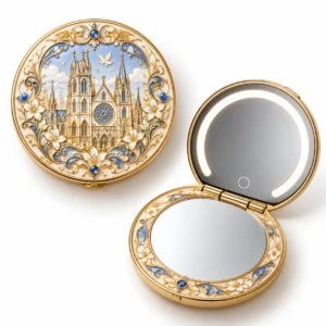 Gold-tone folding compact mirror with blue and white cathedral enamel decoration, shown open and closed.