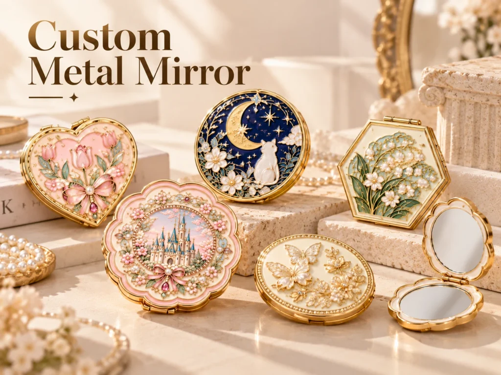 Custom Metal Mirror guide displaying decorative folding mirrors in round, heart and scalloped shapes.