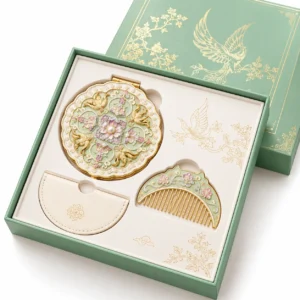 Mint green and gold-tone floral mirror and comb displayed in a matching presentation gift box.