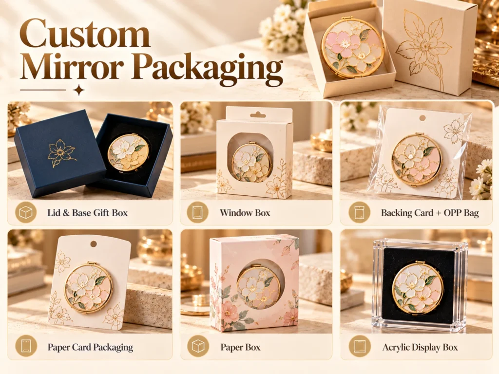 Custom Mirror Packaging guide showing lid and base gift box, window box, backing card with OPP bag, paper card, paper box and acrylic display box.