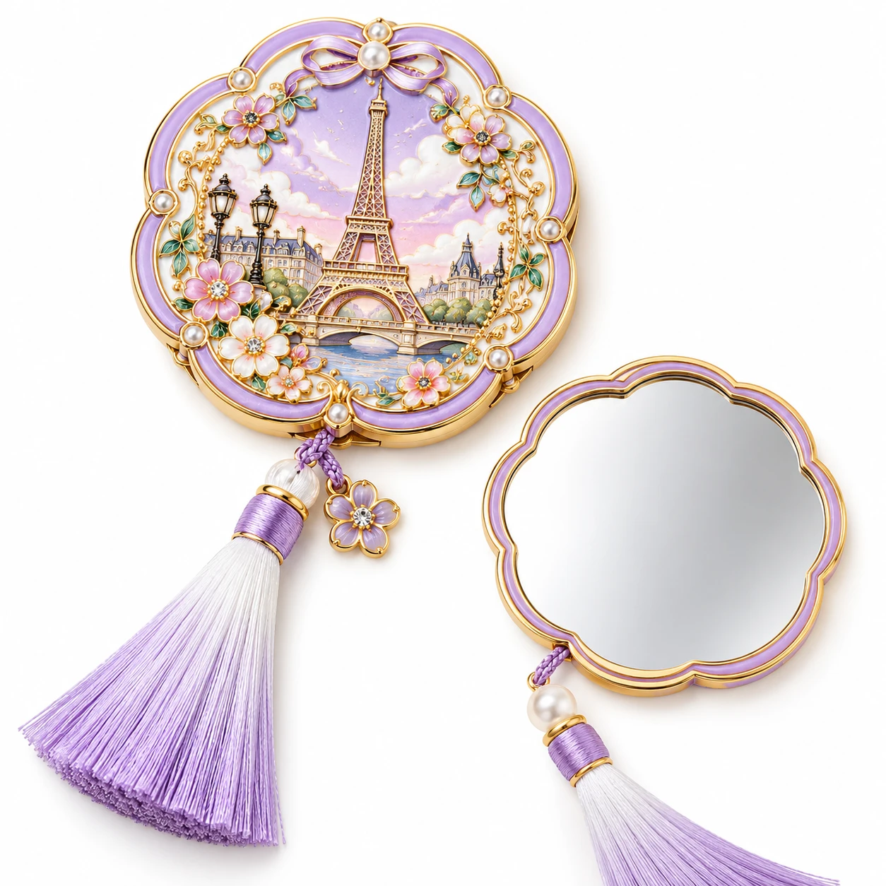 Pink and gold-tone tower enamel handheld mirror with pearl details and a purple tassel.