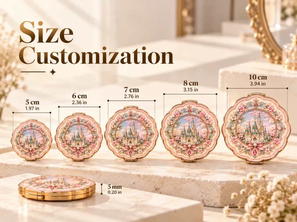 Size Customization mirror guide showing reference diameters of 5, 6, 7, 8 and 10 cm and a 5 mm reference profile.