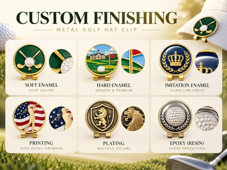 Golf hat clip craft options — soft enamel, hard enamel, imitation enamel, printing, plating, epoxy